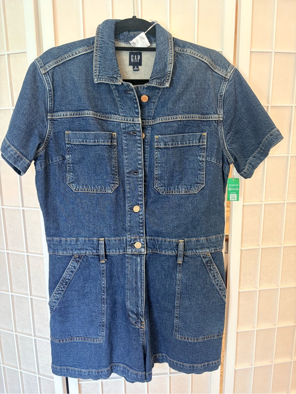 GAP Short-Sleeve Denim Romper in Blue